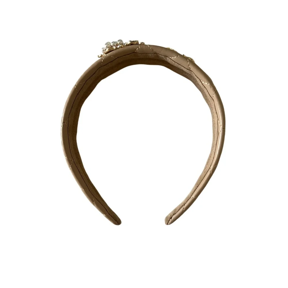 Women's Quilted Tan Faux Leather Headband with Gold Bee and Pearl Embellishments